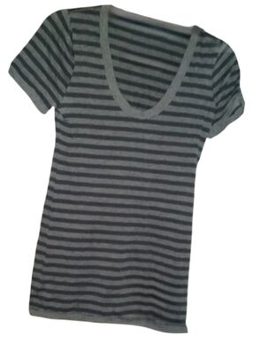 Metalicus Gray Navy Blue Stripes Deep V Neck Top Striped T Shirt Stretchy Tee M